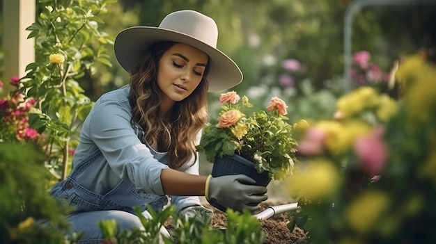 Frau pflanzt Blumen im Garten Illustration AI Generativ
