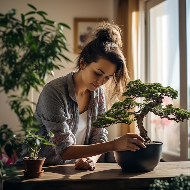 Frau pflanzt zu Hause einen Bonsai