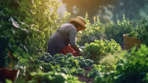 Frau pflückt Gemüse aus dem Garten Generative KI