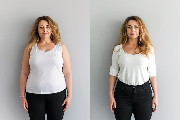 Frau posiert vor und nach der Gewichtsabnahme Diät und gesunde Ernährung Fitnessergebnisse werden fit Fettabsaugungsergebnisse plastische Chirurgie Transformation vom Fett zum Sportler Übergewicht und schlankes Training