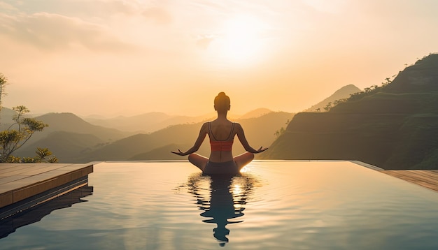 Frau praktiziert morgens Yoga-Lotus-Pose auf dem Pool über dem Berggipfel