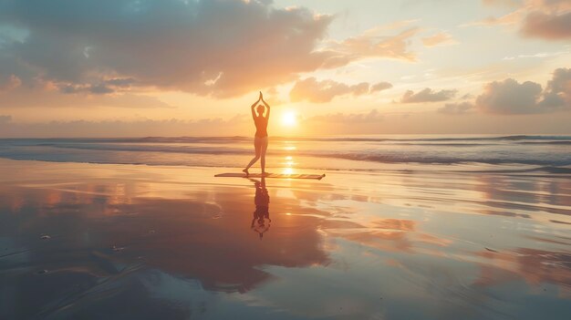 Frau praktiziert Yoga am Strand bei Sonnenuntergang