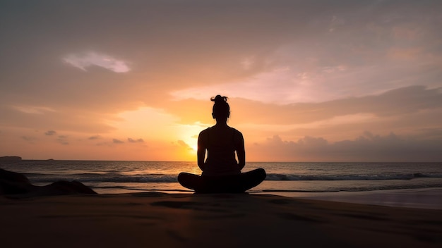 Frau praktiziert Yoga am Strand mit Sonnenuntergang oder Sonnenaufgang im Hintergrund. Generative KI