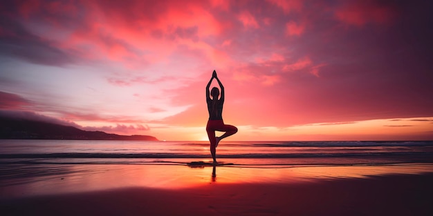 Frau praktiziert Yoga an einem ruhigen Strand bei Sonnenaufgang mit einem farbenfrohen Himmel im Hintergrund Generative KI
