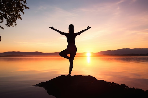 Frau praktiziert Yoga bei Sonnenaufgang