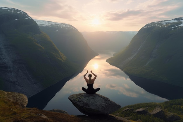 Frau praktiziert Yoga-Berge erzeugen KI