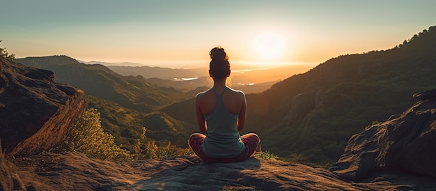 Frau praktiziert Yoga und meditiert auf dem Berg