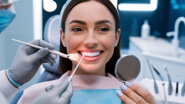 Frau probiert bei Zahnärzten eine Zahnweißprobe