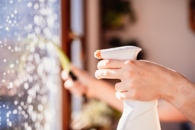 Frau putzt ein Fenster mit Reinigungssprüher Housekeeping-Konzept Mädchen halten Reinigungsrakel in der Hand