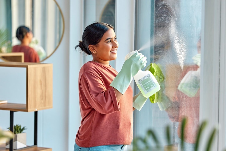 Foto frau putzt und sprüht produkt eines reinigers, der ein fenster mit einem lächeln zu hause wäscht glückliches arbeitsmädchen verwendet eine haushygieneflasche und ein tuch, um die hausmöbel mit einer desinfektionsflasche zu desinfizieren