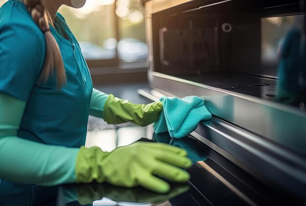Frau reinigt den Ofen in der Küche mit blauem Händedesinfektionsmittel im detailorientierten Stil