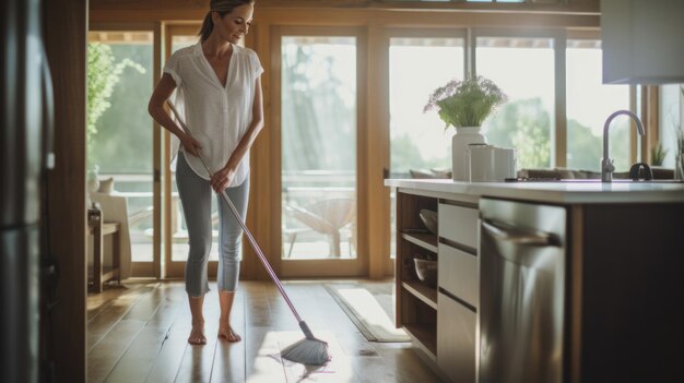 Foto frau reinigt zu hause den boden mit einem nassen mopp