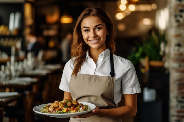 Frau Restaurantjob stehend Porträt Service Kellner Essen Lächeln hält drinnen Generative KI