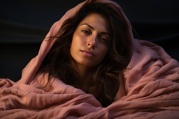 Frau ruht sich unter einer rosa Decke im Bett aus
