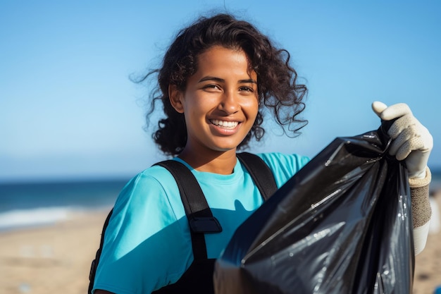Frau sammelt Müll hält Tasche Welt generieren Ai