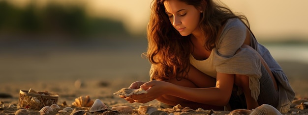 Frau sammelt Muscheln am Strand