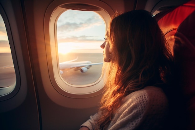 Frau schaut durch die Fenster eines Flugzeugs