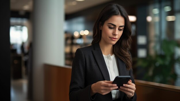 Frau schaut während der Arbeit im Büro auf ihr Telefon