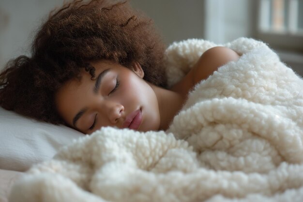 Frau schläft friedlich im Bett, umhüllt von einer luxuriösen weißen flauschigen Decke, die sich präsentiert