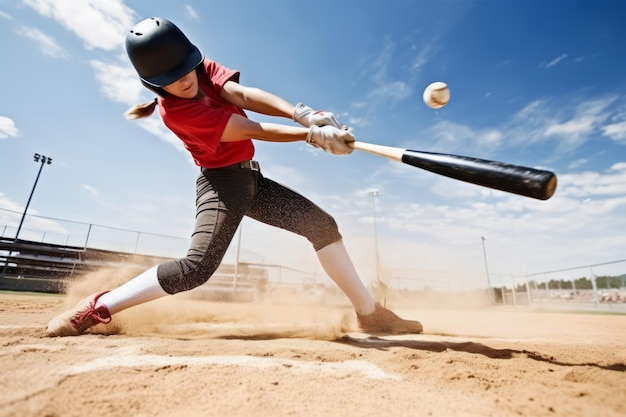 Frau schlägt Softball-Homerun mit Softballschläger