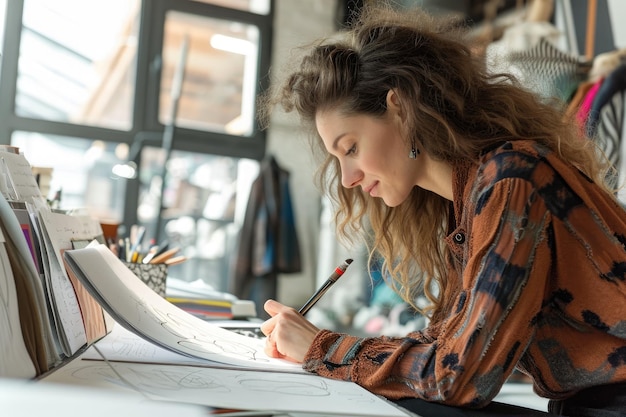 Frau schreibt am Schreibtisch auf Papier Produktivität und Konzentration in einer Büroumgebung Eine Modedesignerin skizziert Entwürfe in ihrem stilvollen Loft AI Generated