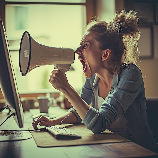 Foto frau schreit in einem megafon in der nähe eines computers: zeitgenössische belästigung in sozialen medien