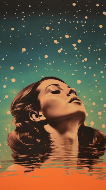 Frau schwimmt im Weltraum Risographen Collage KI-generierte Kunst