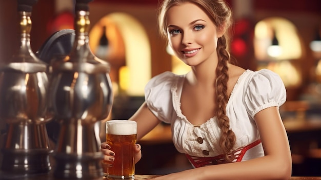 Frau serviert Bier an der Bar in traditioneller österreichischer oder bayerischer Tracht