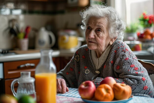 Frau sitzt am Tisch mit einer Obstschale