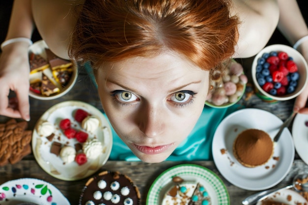 Foto frau sitzt am tisch und isst zahlreiche desserts