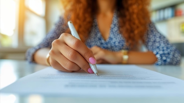 Foto frau sitzt am tisch und schreibt auf ein stück papier