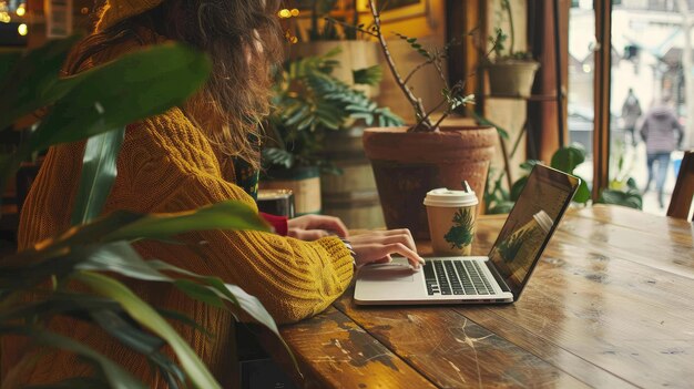 Frau sitzt an einem Holztisch und arbeitet an einem Laptop eine Tasse Kaffee mit einem Topfpflanzen