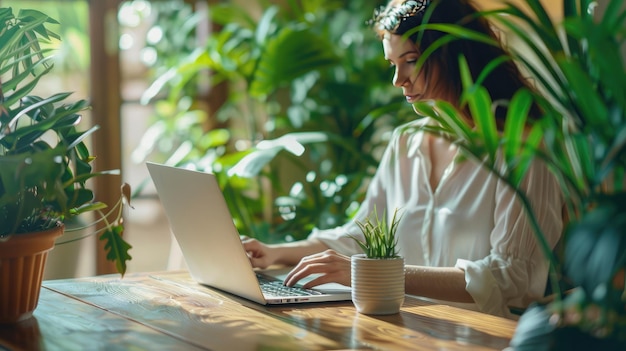 Frau sitzt an einem Holztisch und arbeitet an einem Laptop eine Tasse Kaffee mit einem Topfpflanzen