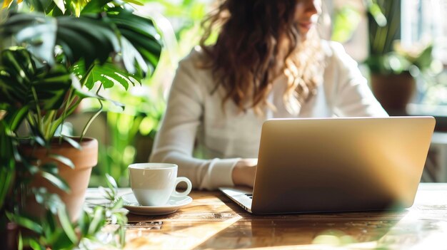 Frau sitzt an einem Holztisch und arbeitet an einem Laptop eine Tasse Kaffee mit einem Topfpflanzen