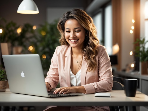 Frau sitzt an einem Tisch und arbeitet mit einem Laptop