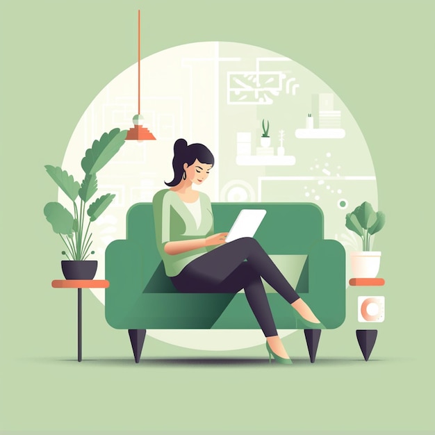 Frau sitzt auf dem Sofa und arbeitet am Laptop. Flache Vektorillustration