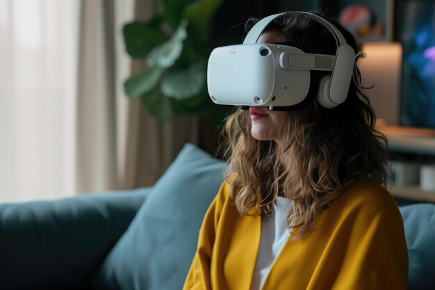 Frau sitzt auf der Couch mit einem Virtual-Reality-Headset