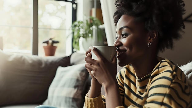 Frau sitzt auf der Couch mit einer Kaffeetasse Generative KI