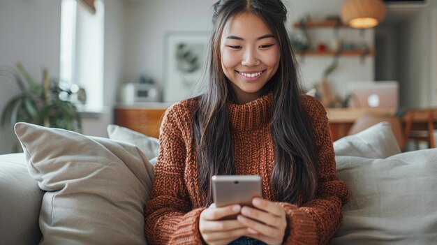 Frau sitzt auf der Couch und benutzt ein Handy