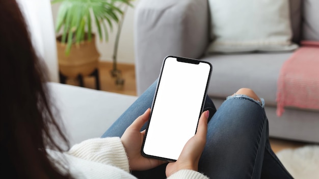 Frau sitzt auf der Couch und hält ihr Handy in der Hand