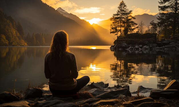 Frau sitzt auf einem Felsen am See