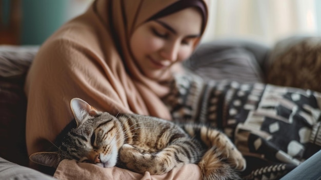 Frau sitzt auf einer Couch mit einer zufriedenen Katze, die auf ihrem Schoß ruht, ein gemütlicher und ruhiger Moment katzenhafter Begleitung.