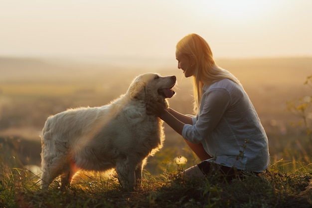 Frau sitzt bei Sonnenuntergang auf dem Hügel und umarmt liebevoll ihren großen Rassehund