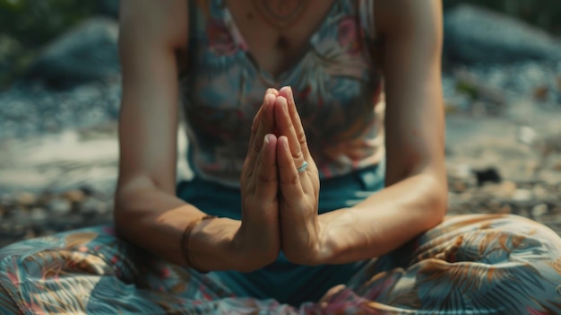 Foto frau sitzt in der lotusposition mit erhobenen händen ideal für wellness- und meditationskonzepte