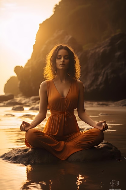Frau sitzt in der Lotusposition, Yoga in der Natur, Meditation, Fantasie, Entspannung