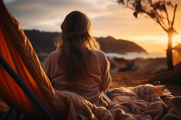 Frau sitzt in einem Strandkorb an einer Nordküste mit Abendlichtern