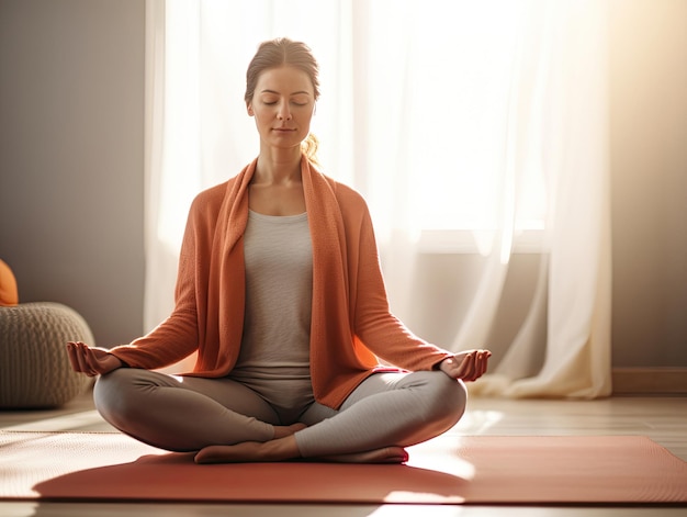 Frau sitzt in Yoga-Meditation mit Yogamatte, Handtuch und Wasser