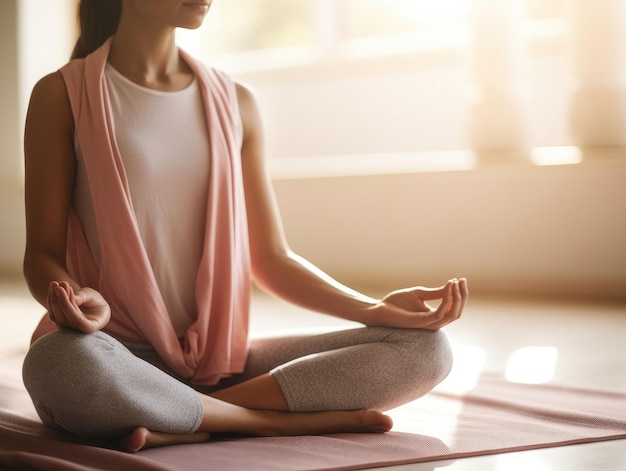 Frau sitzt in Yoga-Meditation mit Yogamatte, Handtuch und Wasser