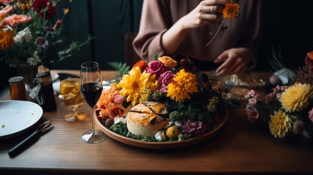 Frau sitzt mit Blumenstrauß neben Essen auf Esstisch Illustration AI GenerativexA