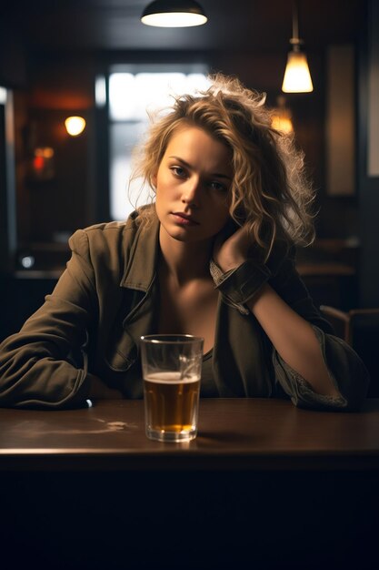 Foto frau sitzt mit einem glas bier am tisch